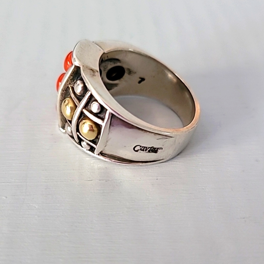 Lagos Caviar Sterling Silver 18K Yellow Gold Red Coral Ring Size 7 - Picture 2 of 6
